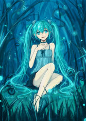 Rule 34 | 1girl, aqua eyes, aqua hair, bad id, bad pixiv id, barefoot, choker, fanany, grass, hand on another&#039;s chest, hand on own chest, hatsune miku, highres, legs, long hair, musical note, night, sitting, skirt, smile, solo, twintails, very long hair, vocaloid
