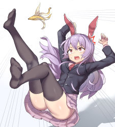 Rule 34 | 1girl, ^^^, absurdres, animal ears, arms up, banana peel, black jacket, black thighhighs, blazer, breasts, collared shirt, commentary request, dress shirt, emphasis lines, feet up, floating hair, full body, hair between eyes, highres, isemori, jacket, legs up, long sleeves, looking up, medium breasts, necktie, no shoes, panties, pink shirt, pink skirt, pleated skirt, purple hair, rabbit ears, red eyes, red necktie, reisen udongein inaba, shadow, shirt, simple background, skirt, slipping, solo, surprised, sweat, tears, thighhighs, touhou, underwear, upskirt, v-shaped eyebrows, wavy mouth, white background, white panties