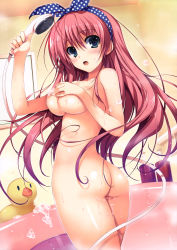 Rule 34 | 1girl, :o, absurdres, ass, bathroom, bathtub, blush, bow, breasts, covering privates, covering breasts, green eyes, hair bow, highres, large breasts, long hair, looking back, nude, nude cover, red hair, rubber duck, shower head, soap, solo, tomose shunsaku, water