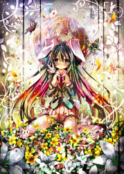 Rule 34 | 1girl, animal, animal ears, bug, rabbit, rabbit ears, butterfly, card, female focus, floating card, flower, heart, heart hands, bug, long hair, moon, multicolored hair, reisen udongein inaba, revision, shino (eefy), sitting, skirt, solo, thighhighs, touhou