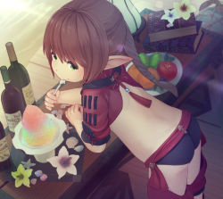Rule 34 | 1boy, ass, bare back, black panties, book, bottle, braid, brown hair, crop top, eating, ell, final fantasy, final fantasy xiv, flower, food, from behind, fruit, green eyes, lalafell, leaning forward, long hair, looking back, male focus, panties, plate, pointy ears, ponytail, revealing clothes, shaved ice, single braid, slushie, solo, spoon, table, underwear, wine bottle
