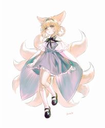 Rule 34 | 1girl, absurdres, adapted costume, animal ears, arknights, bare shoulders, black bow, black bowtie, blonde hair, blue hairband, bow, bowtie, braid, dated, dress, fox ears, fox girl, fox tail, full body, gloves, hairband, highres, kitsune, long hair, looking at viewer, multiple tails, parted lips, purple dress, simple background, socks, solo, standing, suzuran (arknights), tail, white background, white gloves, white socks, yellow eyes, yunluo