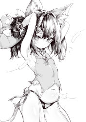 Rule 34 | 1girl, absurdres, animal ear fluff, animal ears, animal hands, armpits, arms up, bell, blush, breasts, cat ears, cat tail, cat teaser, closed mouth, fate/kaleid liner prisma illya, fate (series), flying sweatdrops, gloves, greyscale, hair between eyes, hair ornament, hairclip, heart, heart-shaped pupils, highres, jingle bell, looking at viewer, miyu edelfelt, monochrome, navel, neck ribbon, panties, paw gloves, plant, ribbon, shanyao jiang tororo, simple background, sleeveless, small breasts, stomach, symbol-shaped pupils, tail, underwear, white background