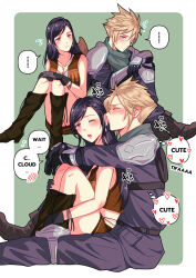Rule 34 | 1boy, 1girl, arm guards, armor, babigonice, bare shoulders, black hair, blonde hair, blue eyes, blush, boots, brown skirt, brown vest, closed mouth, cloud strife, couple, cowboy boots, crisis core final fantasy vii, earrings, embarrassed, english text, feet out of frame, final fantasy, final fantasy vii, final fantasy vii remake, gloves, heart, highres, hug, hug from behind, hugging own legs, jewelry, knee pads, long hair, official alternate costume, one eye closed, open mouth, red eyes, scarf, shinra infantry uniform, shoulder armor, sitting, sitting on lap, sitting on person, skirt, speech bubble, spiked hair, spoken heart, text focus, tifa lockhart, vest