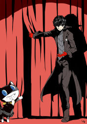 Rule 34 | 10s, 1boy, amamiya ren, bad id, bad pixiv id, black hair, black pants, boots, brown footwear, cat, club3, coat, commentary request, curtains, gloves, grey eyes, grin, high contrast, highres, light smile, looking at viewer, male focus, morgana (persona 5), open clothes, open coat, pants, persona, persona 5, red gloves, signature, smile, standing, vest
