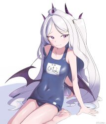 Rule 34 | 1girl, 3:, absurdres, arm support, bare legs, barefoot, blue archive, collarbone, commentary, demon girl, demon horns, demon wings, english commentary, forehead, hair ornament, hairclip, highres, hina (blue archive), hina (swimsuit) (blue archive), horns, leaning back, long hair, looking at viewer, name tag, official alternate costume, old school swimsuit, one side up, parted bangs, purple eyes, raidamanz, school swimsuit, seiza, sidelocks, simple background, sitting, sleeveless, soles, solo, swimsuit, toes, white background, white hair, wings