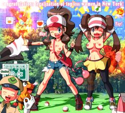 Rule 34 | 10s, 3girls, armpits, arms behind head, bad id, bad pixiv id, baseball cap, black legwear, blue eyes, breasts, breasts apart, breath, brown hair, burnt clothes, castform, castform (sunny), character name, character request, congratulations, creatures (company), deerling, deerling (summer), denim, denim shorts, double bun, emoticon, english text, female focus, fire, game freak, gen 2 pokemon, gen 3 pokemon, gen 5 pokemon, gloves, green hair, hair bun, happy, hat, heart, highres, hilda (pokemon), hot, jenny (pokemon), legendary pokemon, long hair, medium breasts, multiple girls, musical note, mythical pokemon, necktie, new york, nintendo, nipples, ok sign, one eye closed, open mouth, pantyhose, poke ball, poke ball (basic), pokemon, pokemon (anime), pokemon (creature), pokemon bw, pokemon bw2, police, police uniform, policewoman, ponytail, quaver, rorretsim, rosa (pokemon), shadow, shirt, shoes, short hair, shorts, sign, smile, sneakers, spoken heart, spoken musical note, staff, star (symbol), sweat, teeth, tepig, text focus, topfreedom, topless, twintails, undressing, uniform, unown, unown e, unown k, unown l, unown o, unown p, unown s, unown t, unownglyphics, unworn shirt, unworn vest, v, vest, victini, visor cap, volcarona, wink, wristband