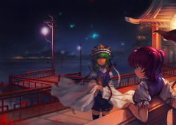 Rule 34 | 2girls, absurdres, against railing, architecture, bad id, bad pixiv id, east asian architecture, female focus, flower, glowing, green eyes, green hair, hair bobbles, hair ornament, highres, lantern, leaning back, light smile, multiple girls, night, night sky, onozuka komachi, paper lantern, petals, railing, red eyes, red hair, rod of remorse, s.advent, scenery, shiki eiki, short hair, sky, spider lily, standing, touhou, twintails, two side up, wallpaper, wide sleeves, wind