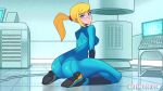 Rule 34 | 1girl, animated, artist name, ass, bent over, blonde hair, blue eyes, blush, bodysuit, bouncing breasts, breasts, covered navel, huge ass, looking at viewer, metroid, moikaloop, nintendo, ponytail, samus aran, sexually suggestive, sidelocks, skin tight, solo, sound, thick thighs, thighs, video, wide hips, zero suit
