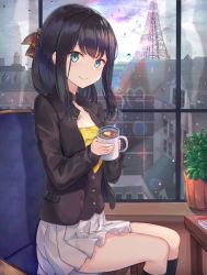 Rule 34 | 1girl, black hair, black jacket, black socks, blue eyes, braid, brown ribbon, brown vest, cityscape, closed mouth, cloud, cloudy sky, commentary, cup, day, hair ribbon, head tilt, heart, highres, holding, holding cup, indoors, jacket, kneehighs, lens flare, long hair, looking at viewer, mosta (lo1777789), mug, open clothes, open jacket, original, pleated skirt, rain, ribbon, shirt, sidelocks, sitting, skirt, sky, smile, socks, solo, symbol-only commentary, vest, white skirt, window, yellow shirt