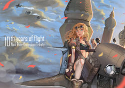 Rule 34 | 1girl, aircraft, airship, blonde hair, blue eyes, breasts, cloud, deras, elbow gloves, flying, gloves, goggles, goggles on head, long hair, looking at viewer, open mouth, original, pouch, riding, sky, small breasts, solo, thighhighs