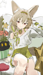 Rule 34 | 1girl, animal ear fluff, animal ears, arknights, arm support, bare shoulders, beanstalk (arknights), beanstalk (gift uncompleted) (arknights), bell, braid, brown hair, closed mouth, collarbone, commentary request, ema (kuguiema), feet out of frame, green hairband, green ribbon, green skirt, grey shirt, hair between eyes, hair ornament, hair ribbon, hairband, hairclip, highres, long hair, long sleeves, looking at viewer, off shoulder, red eyes, ribbon, shirt, simple background, single braid, sitting, skirt, smile, solo, star (symbol), white background