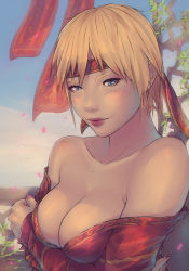 Rule 34 | 10s, 1girl, blonde hair, blue eyes, breasts, character request, cleavage, final fantasy, final fantasy xiv, freckles, hyur, off shoulder, short hair, solo, soranamae, square enix