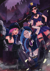 Rule 34 | 3girls, anger vein, angry, belt, bikini, black hair, blue hair, breasts, buckle, caitlyn (league of legends), cleavage, grin, gun, hairline, hand on own hip, hat, highres, holding, holding behind back, huge weapon, jacket, jinx (league of legends), large breasts, league of legends, looking at viewer, micro bikini, midriff, multiple girls, navel, necktie, officer caitlyn, officer vi, open clothes, open jacket, pink hair, pleated skirt, police, police uniform, red eyes, rifle, short sleeves, sitting, skirt, smile, sniper rifle, standing, swimsuit, tattoo, teeth, thighhighs, torn clothes, unbuttoned, uniform, vi (league of legends), weapon