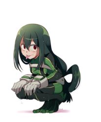 Rule 34 | 10s, 1girl, :p, asui tsuyu, bad id, bad pixiv id, blush, bodysuit, boku no hero academia, breasts, brown eyes, buckle, dripping, full body, gloves, green bodysuit, green hair, grey gloves, hair between eyes, hair rings, hands on own knees, legs together, long hair, long tongue, looking at viewer, low tied hair, maro (lij512), medium breasts, simple background, solo, split-toe footwear, tareme, tongue, tongue out, water, water drop, wet, wet clothes, wet hair, white background