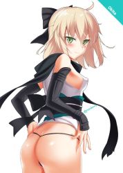 Rule 34 | 1girl, ahoge, ass, black panties, black ribbon, blonde hair, bow, character name, closed mouth, clothes lift, cowboy shot, detached sleeves, dress, dress lift, fate/grand order, fate (series), from behind, green eyes, hair bow, japanese clothes, kimono, light smile, looking at viewer, looking back, okita souji (fate), okita souji (koha-ace), panties, ribbon, saikawa yusa, short hair, short kimono, solo, standing, thong, twitter username, underwear, white background, white kimono