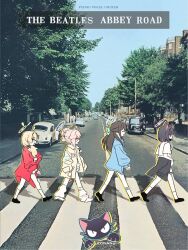 Rule 34 | 4girls, abbey road, airi (band) (blue archive), airi (blue archive), animal ears, blonde hair, blue archive, brown hair, car, closed eyes, clothes around waist, commentary, day, halo, highres, kazusa (band) (blue archive), kazusa (blue archive), long hair, long sleeves, motor vehicle, multicolored hair, multiple girls, natsu (band) (blue archive), natsu (blue archive), nemoga, open mouth, outdoors, parody, photo background, profile, shirt, skirt, socks, symbol-only commentary, the beatles, walking, yoshimi (band) (blue archive), yoshimi (blue archive)