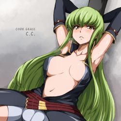 Rule 34 | 1girl, armpits, arms up, belt, blush, breasts, c.c., cleavage, clenched teeth, code geass, commentary, female focus, green hair, highres, long hair, looking at viewer, navel, restrained, runaru, shiny skin, solo, teeth, yellow eyes