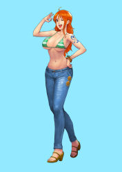 Rule 34 | 1girl, absurdres, bikini, bikini top only, blue background, breasts, cirenk, cleavage, denim, green bikini, hand on own hip, high heels, highres, jeans, large breasts, looking at viewer, nami (one piece), navel, one eye closed, one piece, orange hair, pants, pumps, shoulder tattoo, simple background, smile, solo, striped bikini, striped clothes, swimsuit, tattoo, teeth, underboob, upper teeth only
