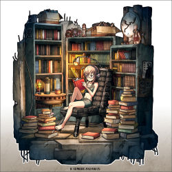 Rule 34 | 1girl, ahoge, artist name, barefoot, bike shorts, book, bookshelf, border, brown hair, chair, clock, dated, faux figurine, feet on chair, glasses, headphones, holding, holding book, isometric, k-suwabe, lamp, midriff, navel, open book, original, reading, short hair, sitting, solo, sports bra, thermos, too many, too many books