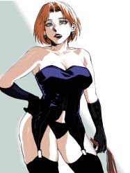 Rule 34 | 1girl, black panties, black thighhighs, blue eyes, borderline7839, breasts, cleavage, dominatrix, elbow gloves, family guy, gloves, highres, holding, holding whip, large breasts, latex, latex gloves, lois griffin, orange hair, panties, red lips, short hair, solo, thighhighs, underwear, whip