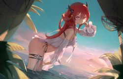 Rule 34 | 1girl, arknights, bare shoulders, bikini, blue sky, day, detached sleeves, dutch angle, highres, horns, leaning forward, long hair, long sleeves, official alternate costume, purple eyes, red hair, roupo99, sky, solo, surtr (arknights), surtr (colorful wonderland) (arknights), swimsuit, thigh strap, thighs, very long hair, wading, water