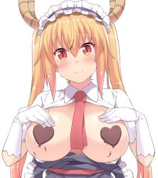 Rule 34 | 10s, 1girl, amane hasuhito, bad id, bad pixiv id, between breasts, blonde hair, blush, breasts, chocolate, dragon girl, dragon horns, dress, gloves, horns, kobayashi-san chi no maidragon, large breasts, long hair, looking at viewer, maid, maid headdress, monster girl, necktie, necktie between breasts, no bra, pasties, red eyes, red necktie, short sleeves, simple background, slit pupils, smile, solo, tohru (maidragon), twintails, valentine, white gloves