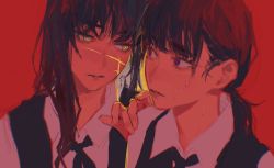 Rule 34 | 2girls, @ @, black hair, chainsaw man, collared shirt, facial scar, hand on another&#039;s shoulder, highres, keibleh, long hair, looking at another, mitaka asa, multiple girls, nervous, red background, ribbon, ringed eyes, scar, scar on cheek, scar on face, school uniform, shirt, sweat, white shirt, worried, yellow eyes, yoru (chainsaw man)