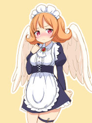 Rule 34 | 1girl, angel wings, apron, ascot, blush, brooch, closed mouth, cowboy shot, curss, dot nose, dress, feathered wings, hand up, harpy, ishuzoku reviewers, jewelry, juliet sleeves, long sleeves, looking at viewer, maid, maid apron, maid headdress, medium hair, meidri, monster girl, nose blush, orange hair, outline, pen, puffy sleeves, purple dress, red eyes, simple background, solo, thigh strap, waist apron, white ascot, white outline, white wings, wings, yellow background