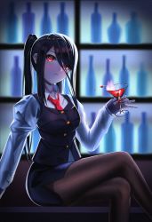Rule 34 | 1girl, alcohol, bar (place), bartender, crossed legs, cup, drinking glass, feet out of frame, geomiddang, highres, holding, holding cup, indoors, jill stingray, long hair, long sleeves, looking at viewer, necktie, pantyhose, purple hair, purple vest, red eyes, red necktie, shirt, sidelocks, sitting, skirt, solo, twintails, va-11 hall-a, vest, white shirt, wine, wine glass