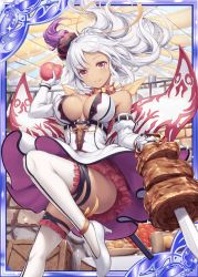 Rule 34 | 1girl, akkijin, breasts, card (medium), carnival, churrasco, collarbone, dress, food, fruit, gloves, hat, large breasts, looking at viewer, meat, official art, outdoors, red eyes, ribbon, shinkai no valkyrie, smile, thighhighs, white dress, white footwear, white gloves, white hair, white thighhighs, yellow ribbon