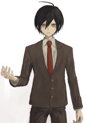 Rule 34 | 1boy, ahoge, alternate costume, black hair, brown eyes, brown jacket, brown pants, collared shirt, commentary request, cowboy shot, danganronpa (series), danganronpa v3: killing harmony, grey background, hand up, iumi urura, jacket, long sleeves, looking at viewer, male focus, necktie, pants, red necktie, saihara shuichi, shirt, simple background, solo, standing, white shirt