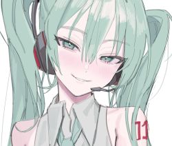 Rule 34 | 1girl, arms at sides, bare shoulders, blue eyes, blue hair, blue necktie, blush, close-up, collared shirt, dot nose, eyelashes, eyes visible through hair, freng, grey shirt, hair between eyes, half-closed eyes, hatsune miku, head tilt, headset, highres, jitome, light smile, long hair, looking at viewer, necktie, parted lips, shirt, shoulder tattoo, simple background, sleeveless, sleeveless shirt, solo, straight hair, tattoo, twintails, upper body, vocaloid, white background