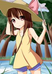 Rule 34 | 1girl, aged down, alternate costume, alternate hairstyle, alternate headwear, armpits, bare shoulders, blush, butterfly net, cage, contemporary, frown, hakurei reimu, hand net, hat, hat ribbon, light frown, looking at viewer, nitizyo, red eyes, ribbon, shorts, solo, sun hat, sweat, sweatdrop, touhou