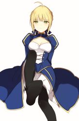 Rule 34 | 1girl, ahoge, artoria pendragon (fate), blonde hair, braid, breasts, cleavage, dress, fate/stay night, fate (series), green eyes, lpip, pantyhose, saber (fate), solo, white background