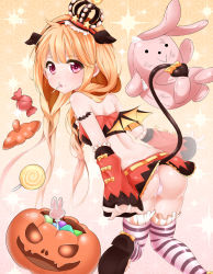 Rule 34 | 10s, 1girl, animal ears, ass, back, bandeau, bat (animal), blonde hair, brown eyes, candy, crown, demon tail, demon wings, detached sleeves, food, futaba anzu, hairband, halloween, idolmaster, idolmaster cinderella girls, jack-o&#039;-lantern, lollipop, long hair, mouth hold, panties, red eyes, s-ram, solo, striped clothes, striped thighhighs, stuffed animal, stuffed rabbit, stuffed toy, tail, thighhighs, twintails, underwear, wings, wrapped candy