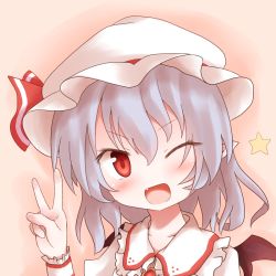 Rule 34 | 1girl, bat wings, blue hair, brooch, fang, female focus, hat, jewelry, long hair, open mouth, red eyes, remilia scarlet, shize (coletti), smile, solo, star (symbol), touhou, wings, wink, writing