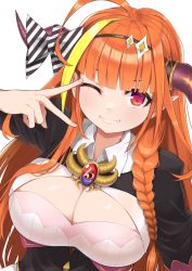 Rule 34 | 1girl, ;), ahoge, black hairband, black jacket, blonde hair, bow, braid, breasts, cleavage, cleavage cutout, clothing cutout, collared shirt, commentary request, dragon horns, grin, hair ornament, hairband, highres, hololive, horn bow, horn ornament, horns, hototogisu (hot to gis), jacket, kiryu coco, kiryu coco (1st costume), large breasts, looking at viewer, multicolored hair, one eye closed, orange hair, red eyes, shirt, simple background, smile, solo, streaked hair, striped, striped bow, upper body, v, v over eye, virtual youtuber, white background, white shirt