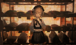 Rule 34 | 1girl, beret, black dress, black ribbon, black skirt, bow, brown eyes, brown hair, chinese commentary, collared shirt, cowboy shot, dress, flower, food, fork, hair flower, hair ornament, hat, hatoba tsugu, highres, holding, holding food, holding fork, holding plate, indie virtual youtuber, indoors, kumatangent, long sleeves, looking at viewer, mole, mole under eye, open mouth, pantyhose, pinafore dress, plate, ribbon, rose, shirt, short hair, skirt, sleeveless, sleeveless dress, smile, solo, standing, suspender skirt, suspenders, tongue, tongue out, virtual youtuber, white flower, white rose, white shirt
