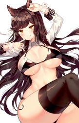 Rule 34 | 1girl, absurdres, animal ears, arm up, atago (azur lane), atago (stunning speedster) (azur lane), azur lane, bikini, black bikini, black hair, black thighhighs, blush, breasts, breasts apart, brown eyes, churi (oxxchurixxo), closed mouth, hair ribbon, hand up, highres, knee up, large breasts, long hair, looking at viewer, lying, mole, mole under eye, navel, on back, race queen, ribbon, shrug (clothing), simple background, smile, solo, stomach, swept bangs, swimsuit, thighhighs, tongue, tongue out, very long hair, white background, white ribbon, wrist cuffs, yellow eyes