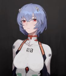 Rule 34 | 1girl, ayanami rei, black background, blue hair, bodysuit, breasts, commentary, expressionless, eyelashes, gradient background, grey background, hair between eyes, highres, kilkoia, medium breasts, neon genesis evangelion, plugsuit, red eyes, shadow, short hair, sidelocks, solo, symbol-only commentary, upper body, white bodysuit