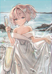Rule 34 | 1girl, 1other, absurdres, alternate costume, bare shoulders, beach, blue eyes, blue sky, breasts, champagne flute, cleavage, cup, dress, drinking glass, feet out of frame, flower, gloves, hair flower, hair ornament, highres, holding, kantai collection, kaomoji (sagor00237), looking at viewer, off-shoulder dress, off shoulder, outdoors, pink hair, ponytail, pov, rock, rose, shiranui (kancolle), shiranui kai ni (kancolle), short hair, skirt hold, sky, small breasts, smile, solo, water, white dress, white flower, white gloves, white rose