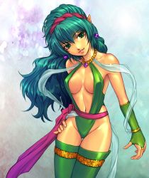 Rule 34 | 1girl, breasts, breasts apart, bridal gauntlets, cisty, earrings, elf, green eyes, green hair, hand on own hip, headband, hip focus, jewelry, leotard, lightbringer, long hair, lots of jewelry, necklace, pinky out, pointy ears, sash, taito, thighhighs, yoko juusuke