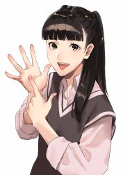 Rule 34 | 1girl, animification, black hair, grey eyes, highres, idol, junna (singer), looking at viewer, medium hair, open mouth, pointing, pointing at self, pote-mm, real life, simple background, solo, upper body, voice actor, white background