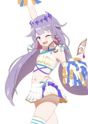 Rule 34 | 1girl, angelchama, blush, cheerleader, crown, flat chest, hair flaps, highres, hololive, hololive english, koseki bijou, long hair, navel, one eye closed, open mouth, pom pom (cheerleading), purple eyes, purple hair, skirt, thighhighs, twintails, very long hair, virtual youtuber, white background, wings, wink