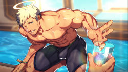 Rule 34 | 2boys, abs, bara, bare pectorals, blonde hair, bulge, facial hair, glass, grey male swimwear, gyee, halo, highres, jammers, large pectorals, looking at viewer, lvlv, male focus, male swimwear, mature male, multiple boys, muscular, muscular male, navel, nipples, official art, official wallpaper, pectorals, pool, pov, radian (paradiso guardian), short hair, smile, spiked hair, squatting, stomach, stubble, sweat, thick thighs, thighs, wet