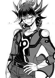 Rule 34 | 1boy, absurdres, belt, black hair, black shirt, closed eyes, cowboy shot, elbow pads, facial tattoo, fudo yusei, gloves, greyscale, hand on own hip, high collar, highres, jacket, male focus, monochrome, open clothes, open jacket, open mouth, pants, screentones, shirt, short hair, shoulder pads, simple background, smile, solo, spiked hair, standing, tattoo, white background, youko-shima, yu-gi-oh!, yu-gi-oh! 5d&#039;s