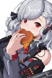 1girl armband blush braid burger cheese citrus7763 cropped detached_sleeves duplicate eating food girls&#039;_frontline grey_hair hair_ornament hair_ribbon highres holding holding_burger holding_food looking_at_viewer portrait red_eyes ribbon shotgun_shell solo spas-12_(girls&#039;_frontline) walkie-talkie wavy_hair