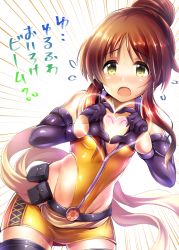Rule 34 | 10s, 1girl, belt, belt buckle, blush, boots, breasts, brown hair, buckle, cleavage, elbow gloves, emphasis lines, flying sweatdrops, gloves, hair bun, heart, heart hands, hip focus, idolmaster, idolmaster cinderella girls, leotard, long hair, looking at viewer, ment, miniskirt, open mouth, orange skirt, pouch, sash, sexy guilty, sexy guilty (idolmaster), sidelocks, single hair bun, skirt, small breasts, solo, sweat, takamori aiko, thigh boots, thighhighs, translation request, wavy hair, white background, yellow eyes, zipper