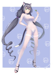 Rule 34 | 1girl, animal ear fluff, animal ears, black cat, black footwear, black hair, blue background, blush, bodysuit, breasts, cat, cat ears, cat girl, cat tail, food, full body, green eyes, hand on own hip, high heels, highres, karyl (princess connect!), large breasts, long hair, low twintails, multicolored hair, nipples, princess connect!, pubic tattoo, see-through, tail, tattoo, twintails, very long hair, whip, white bodysuit, white hair, xiaoxi0619